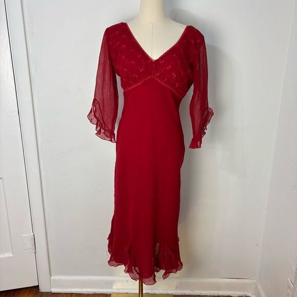 Vtg Rampage Y2K Red Babydoll Midi Dress Sz 4 Fairy Sheer Asymmetrical Whimsi - Picture 2 of 13